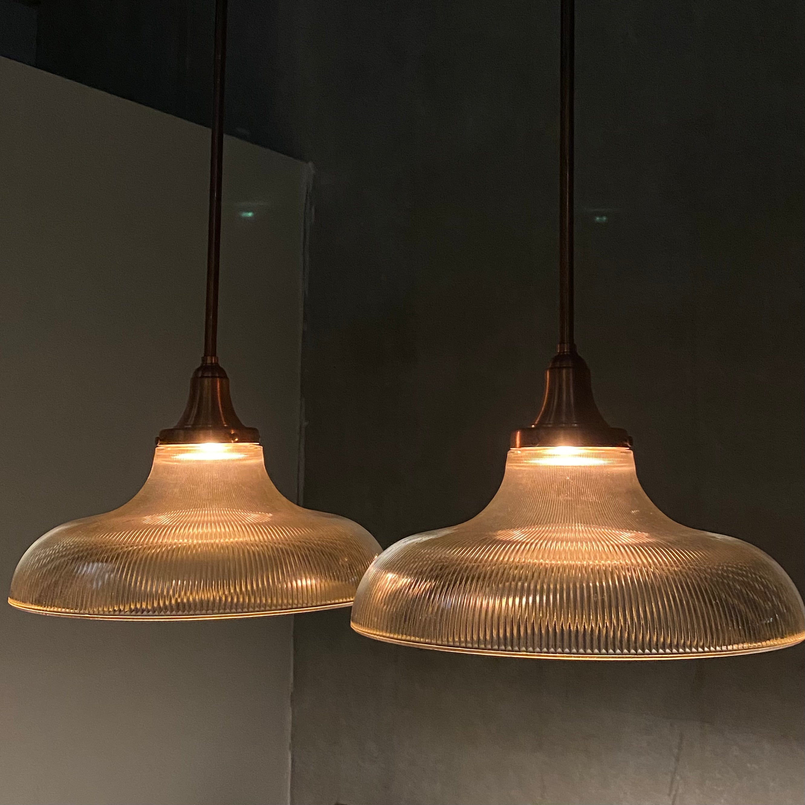 1950 Ribbed Glass Pendant Lights by HOLOPHANE with Copper detail