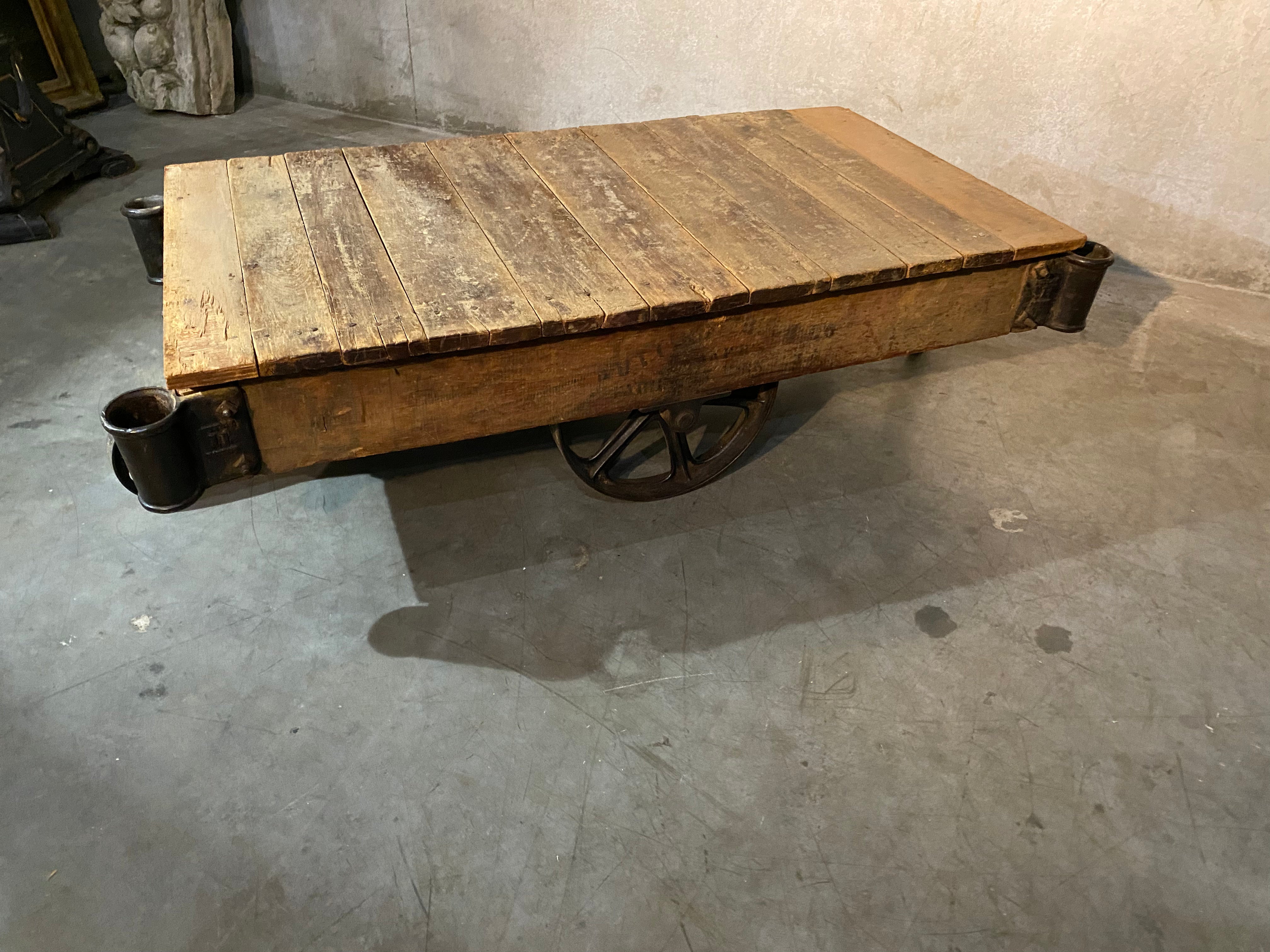 ORIGINAL ANTIQUE INDUSTRIAL NUTTING FACTORY CART   COFFEE TABLE