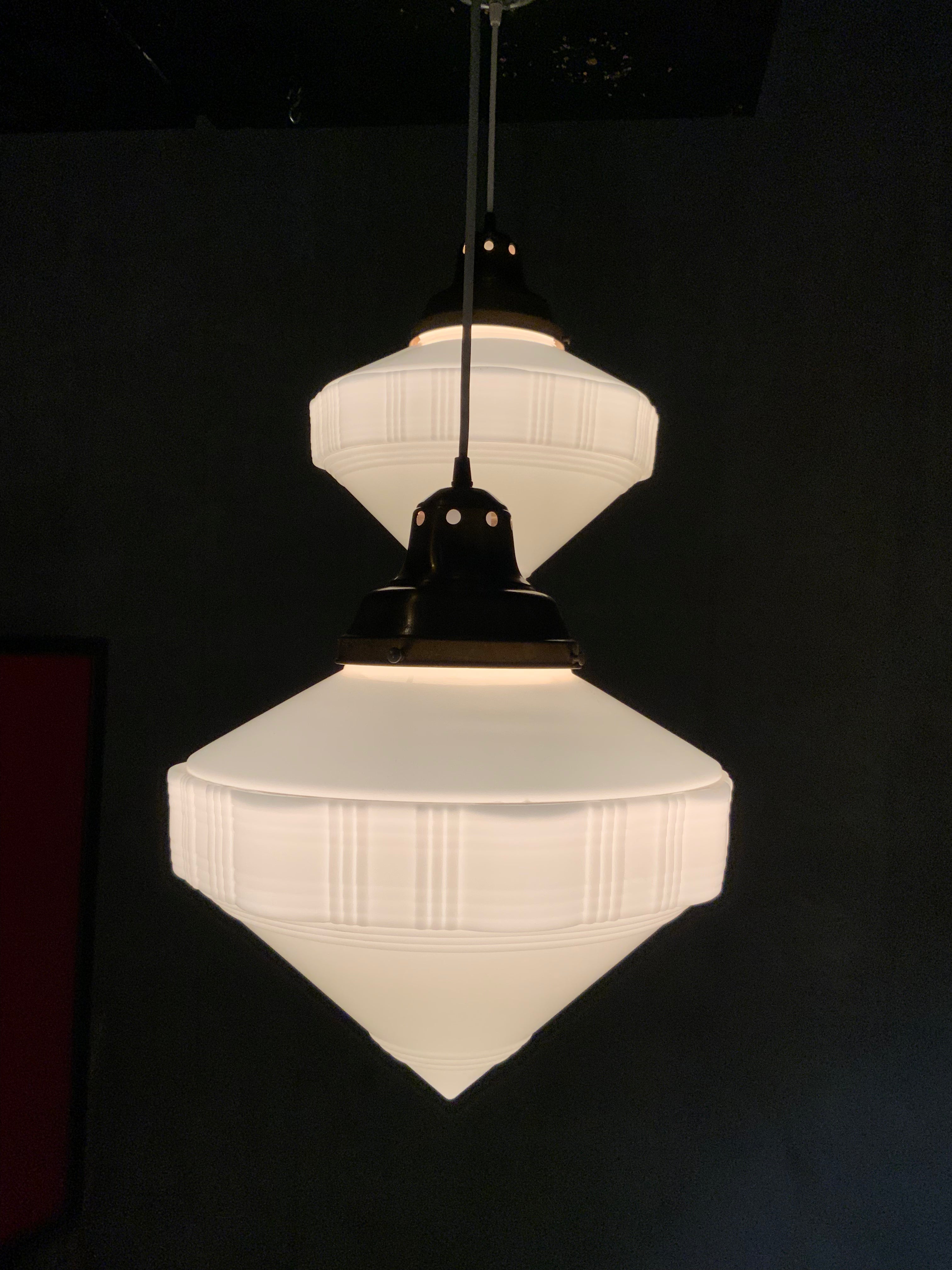 1920 Large Art Deco Milk Glass Pendant Lights